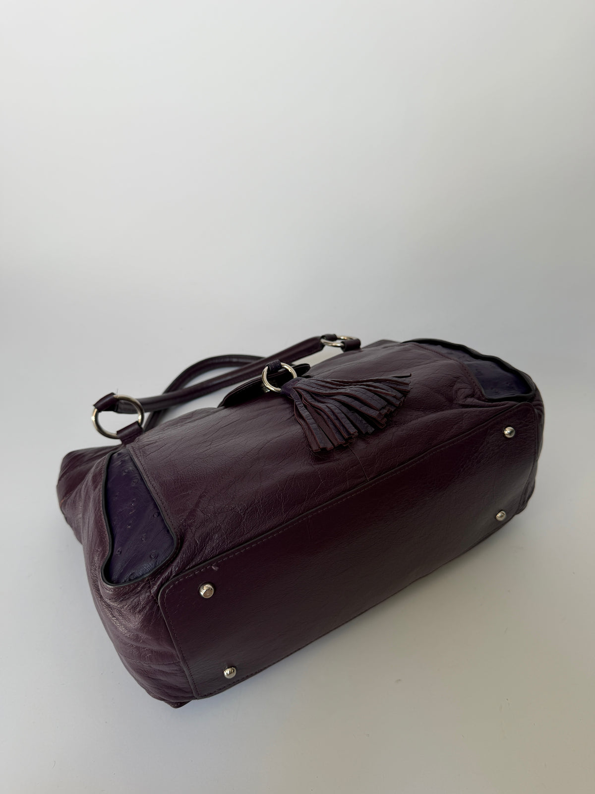 Plum Leather Bag with Ostrich Leather Panels