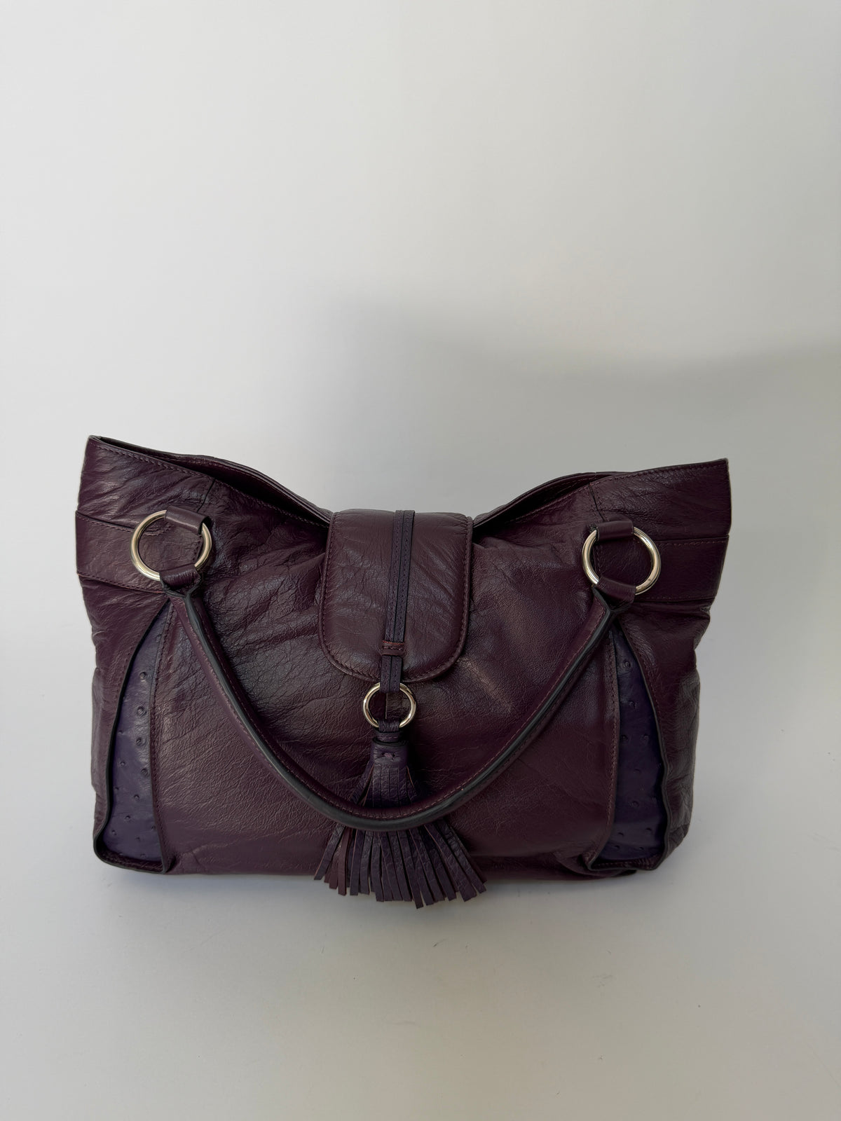 Plum Leather Bag with Ostrich Leather Panels