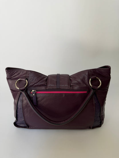 Plum Leather Bag with Ostrich Leather Panels