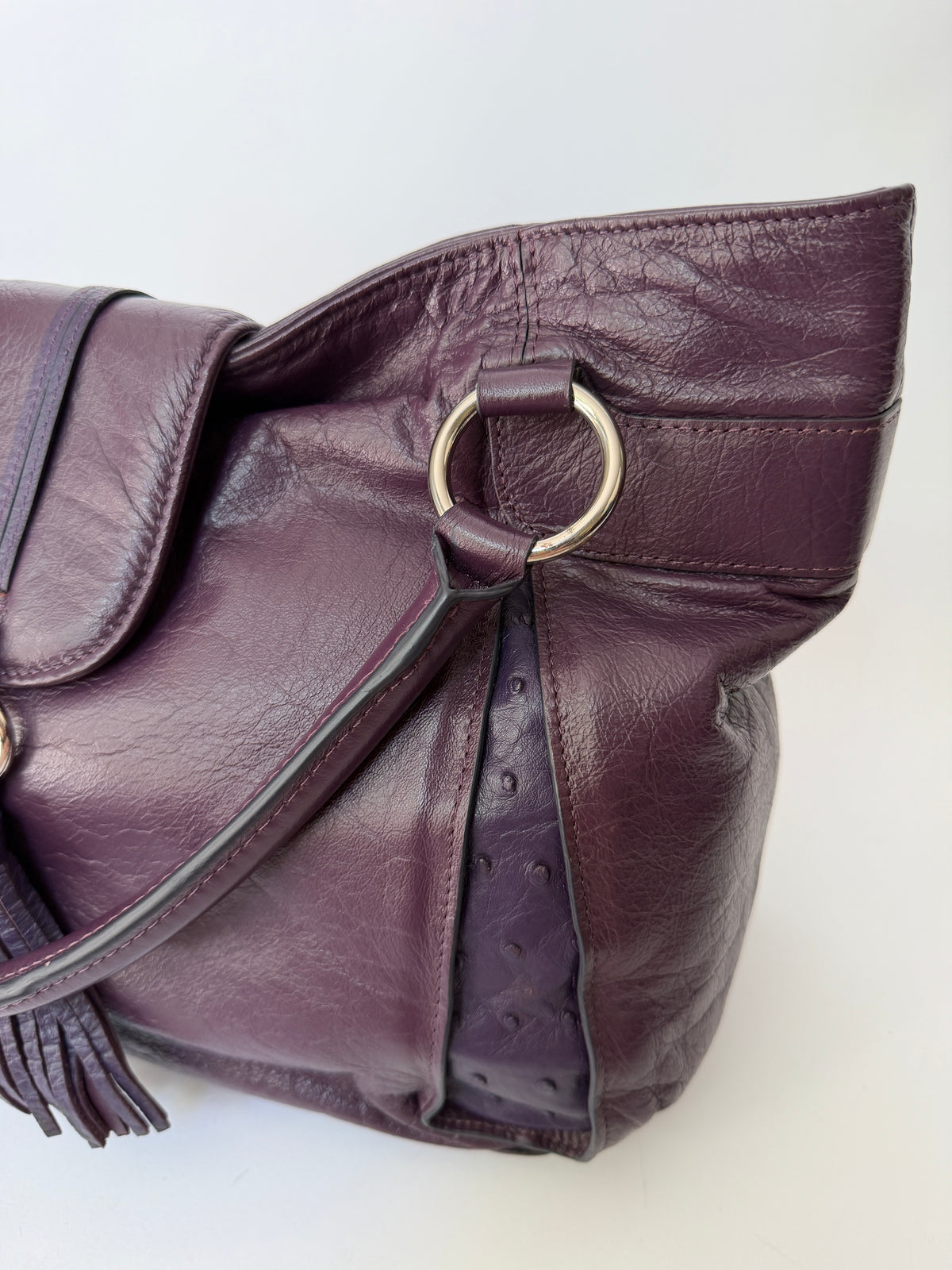Plum Leather Bag with Ostrich Leather Panels