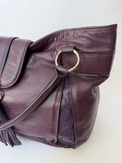 Plum Leather Bag with Ostrich Leather Panels