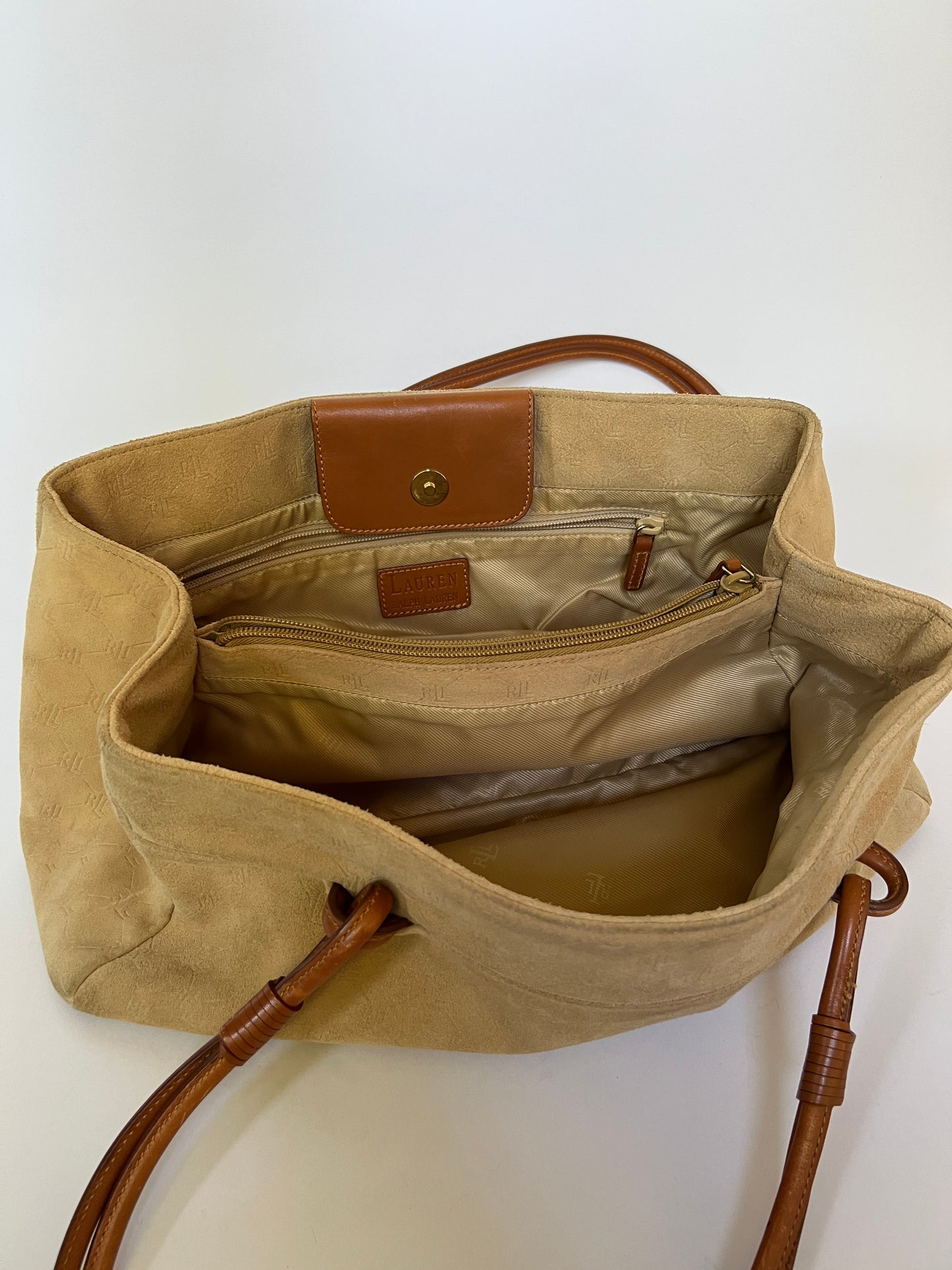 RL Camel Monogram Suede Shoulder Bag