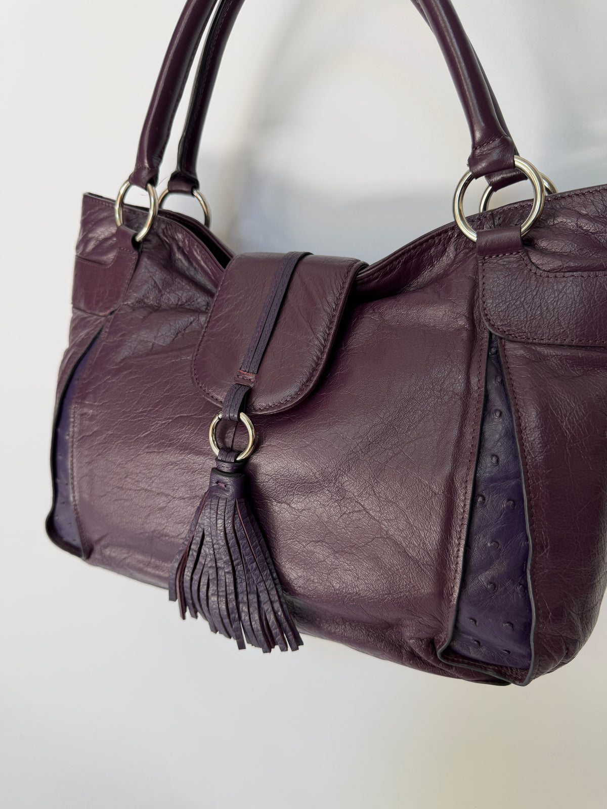 Plum Leather Bag with Ostrich Leather Panels
