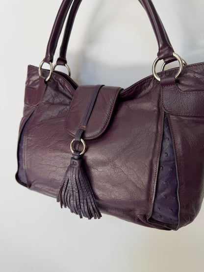 Plum Leather Bag with Ostrich Leather Panels