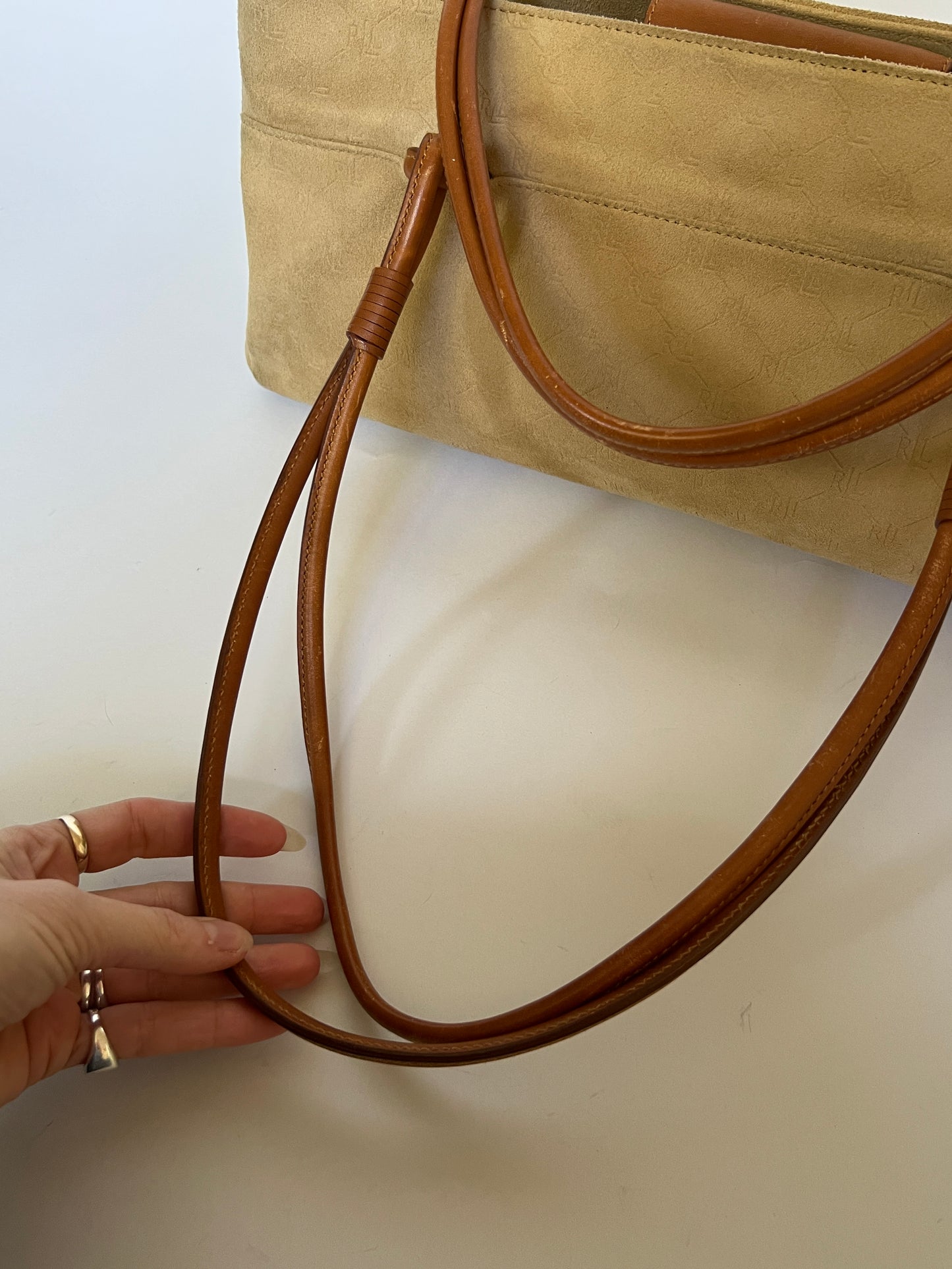 RL Camel Monogram Suede Shoulder Bag