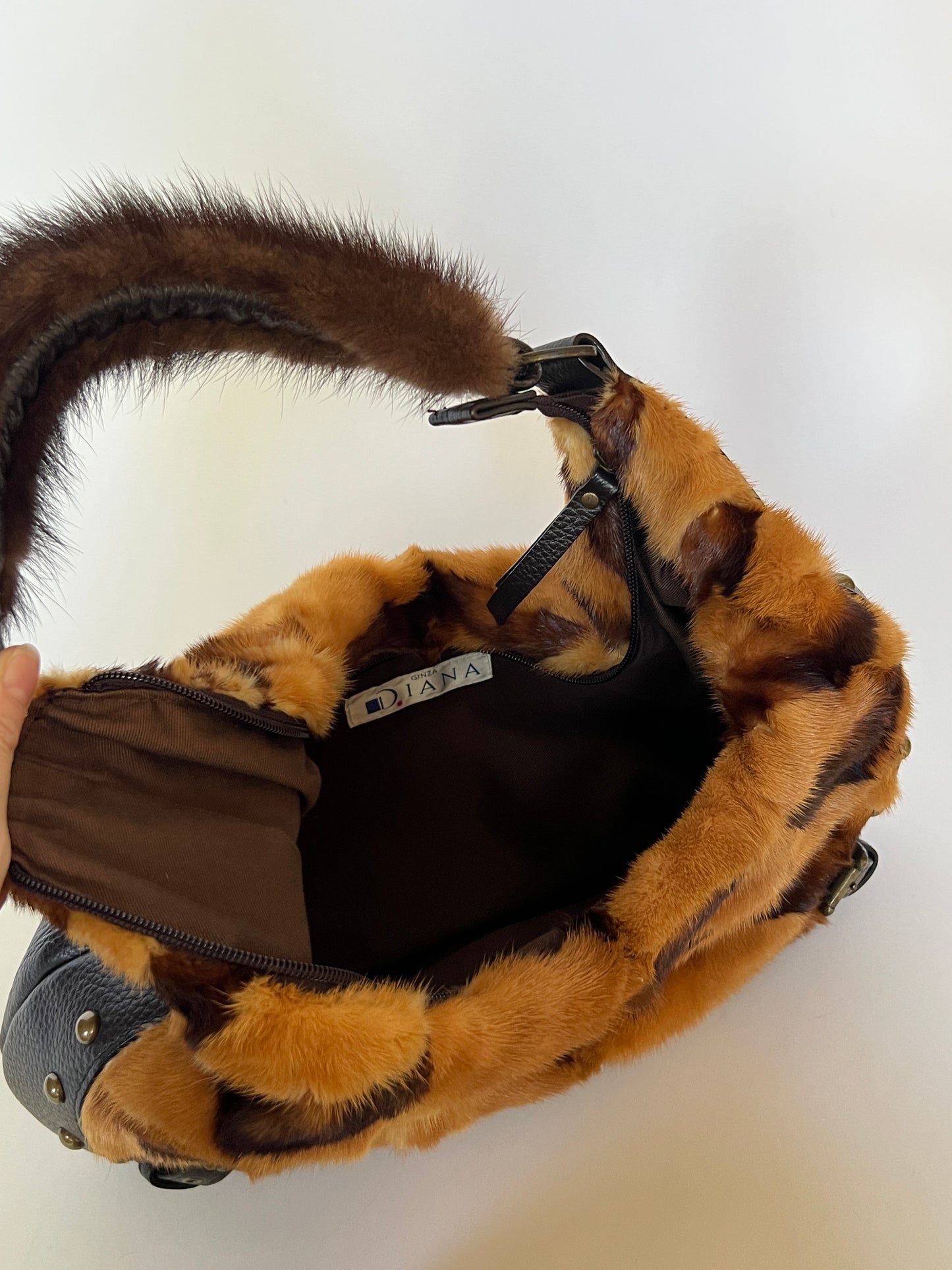 Mink Fur & Leather Studded Hobo Bag