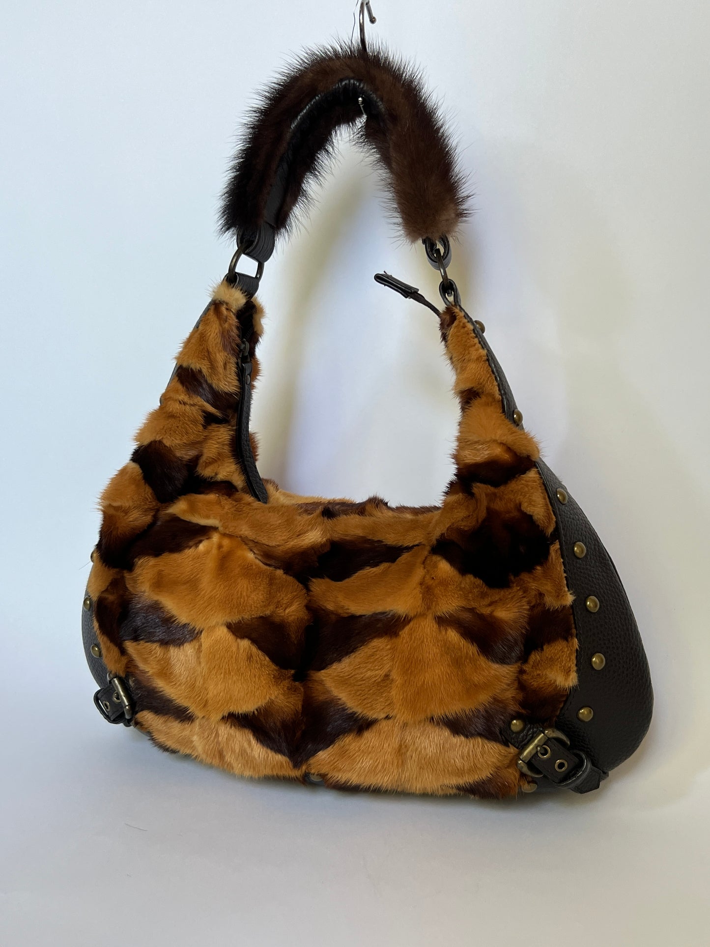 Mink Fur & Leather Studded Hobo Bag
