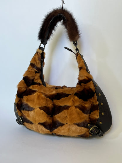 Mink Fur & Leather Studded Hobo Bag