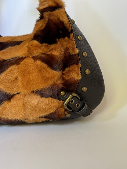 Mink Fur & Leather Studded Hobo Bag