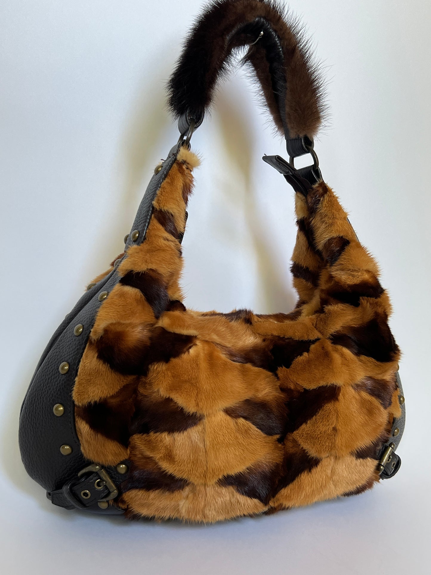 Mink Fur & Leather Studded Hobo Bag