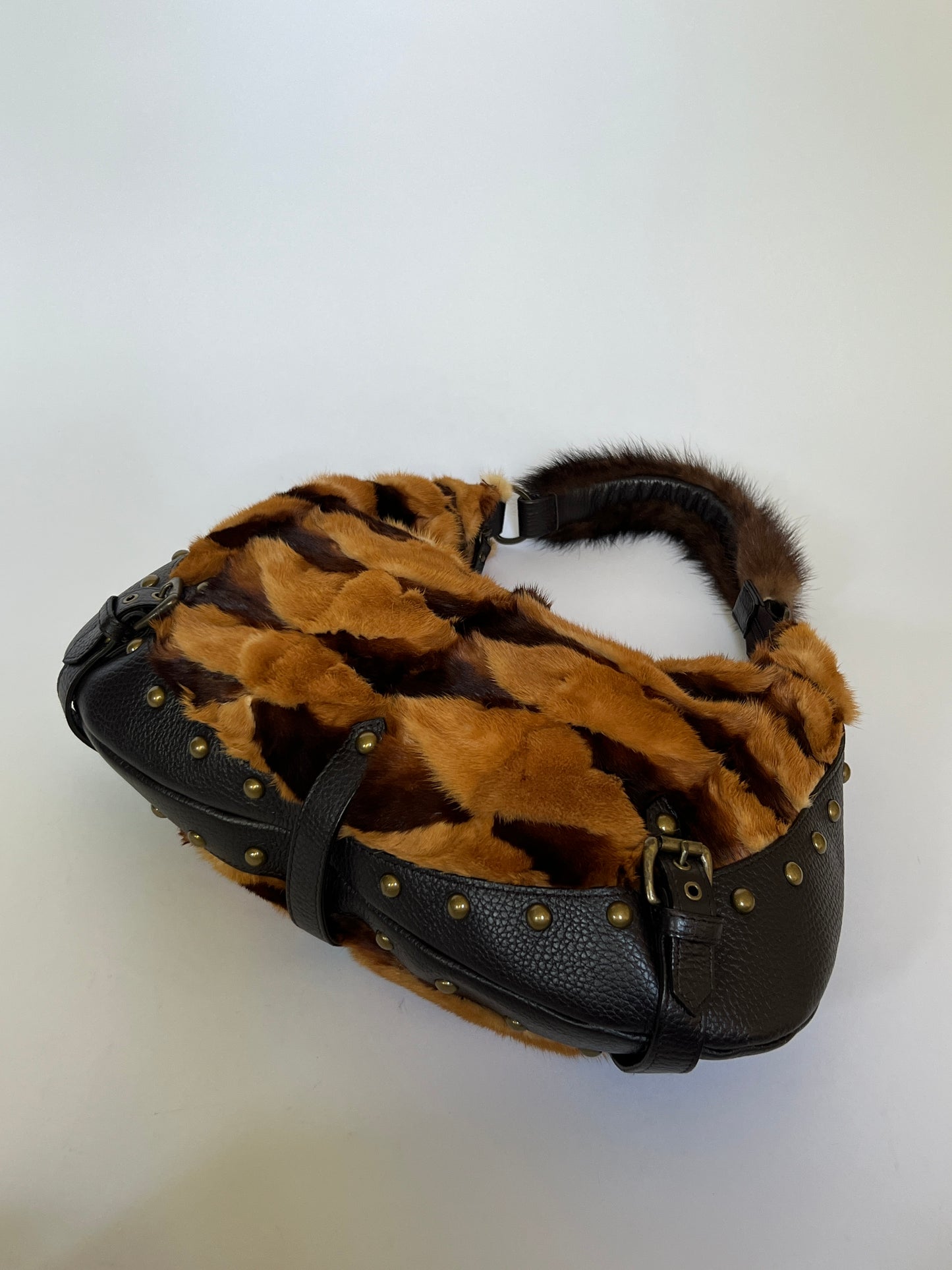 Mink Fur & Leather Studded Hobo Bag