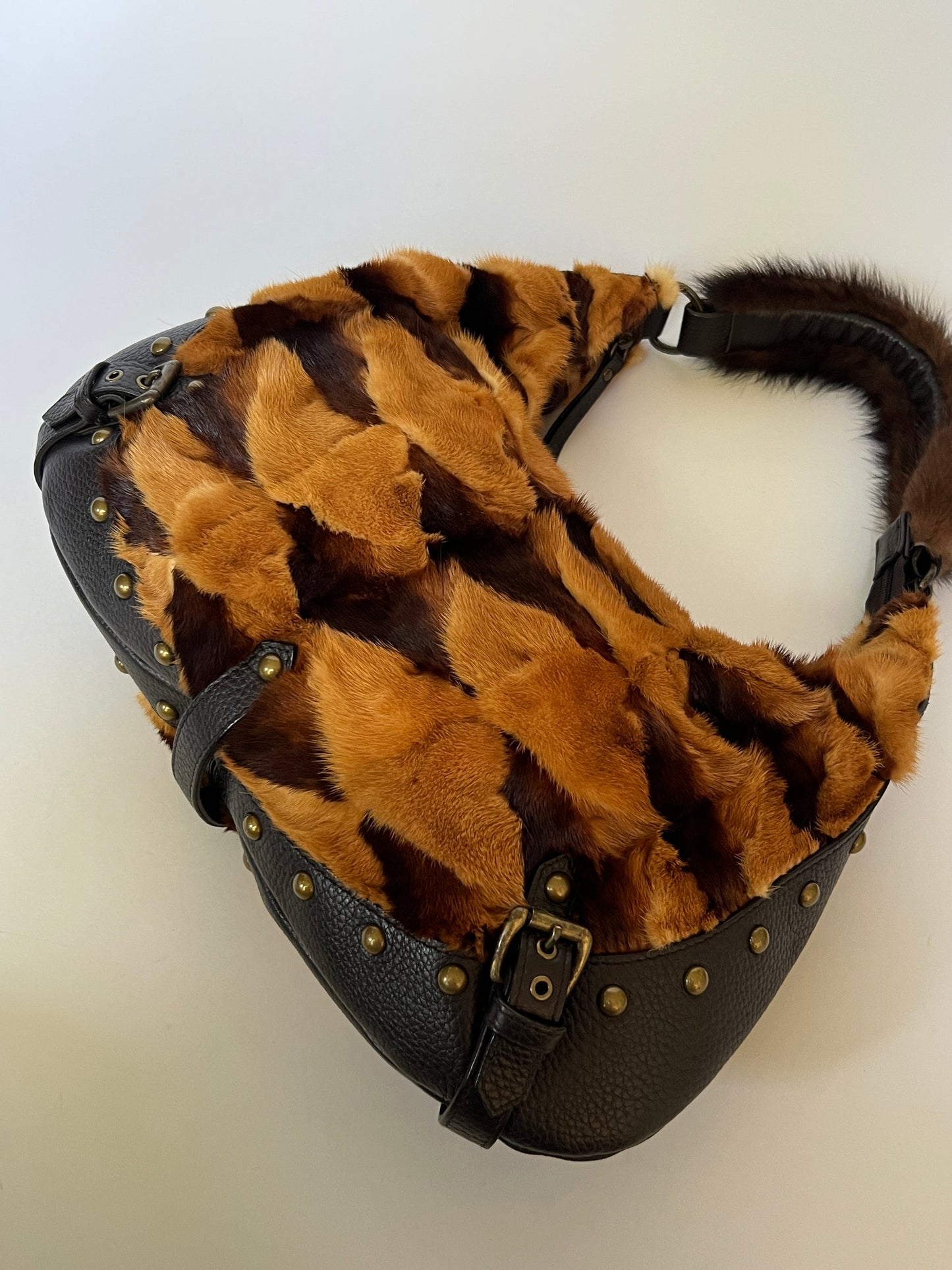 Mink Fur & Leather Studded Hobo Bag