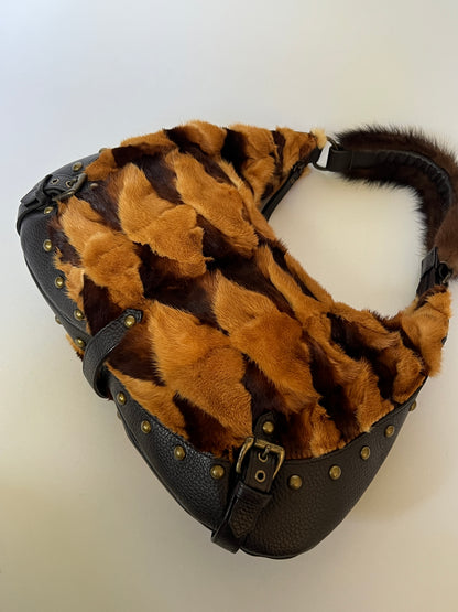 Mink Fur & Leather Studded Hobo Bag
