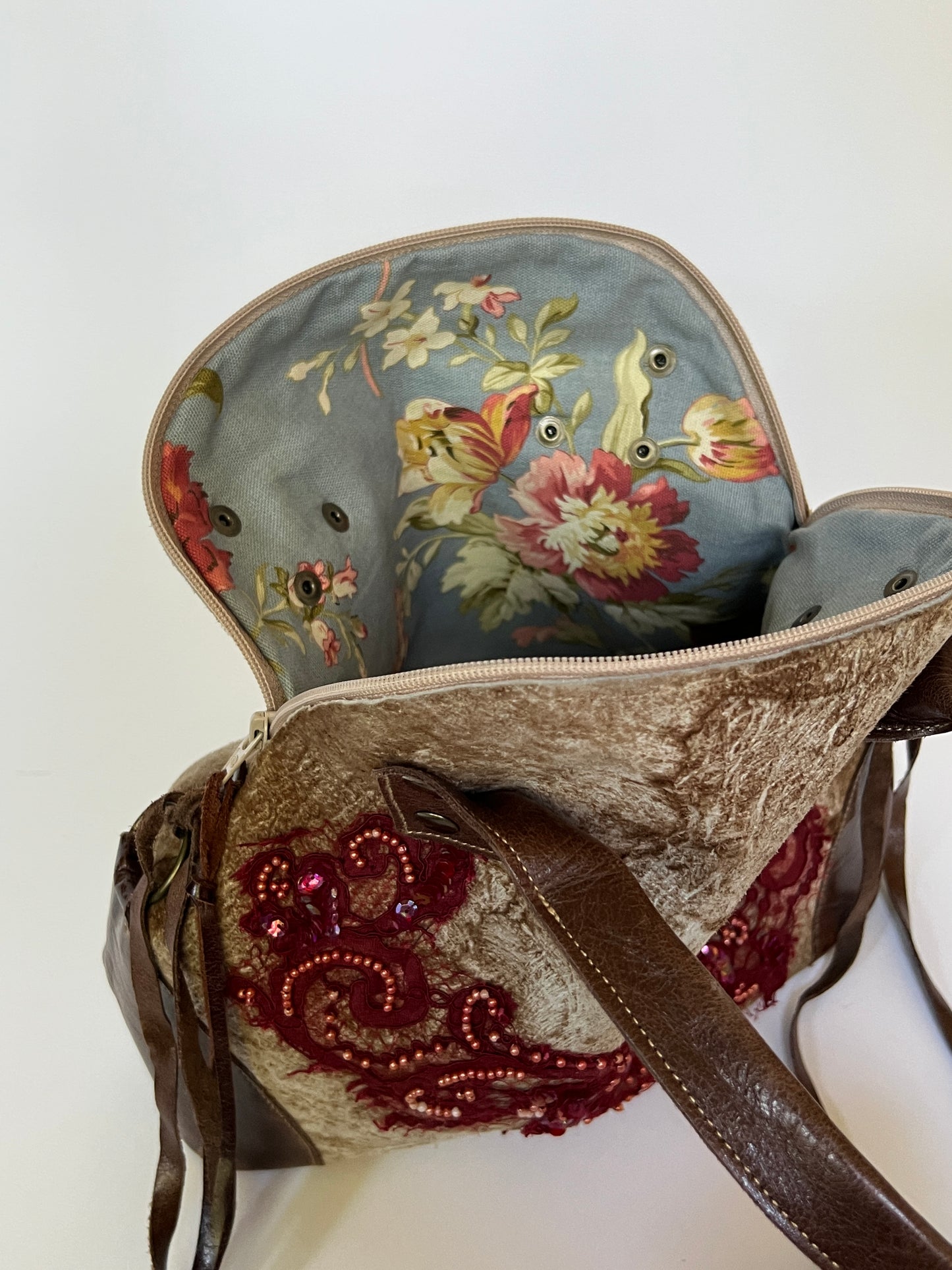 French Beaded Lace Appliqué & Leather Bag