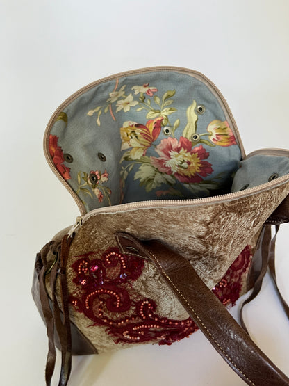 French Beaded Lace Appliqué & Leather Bag