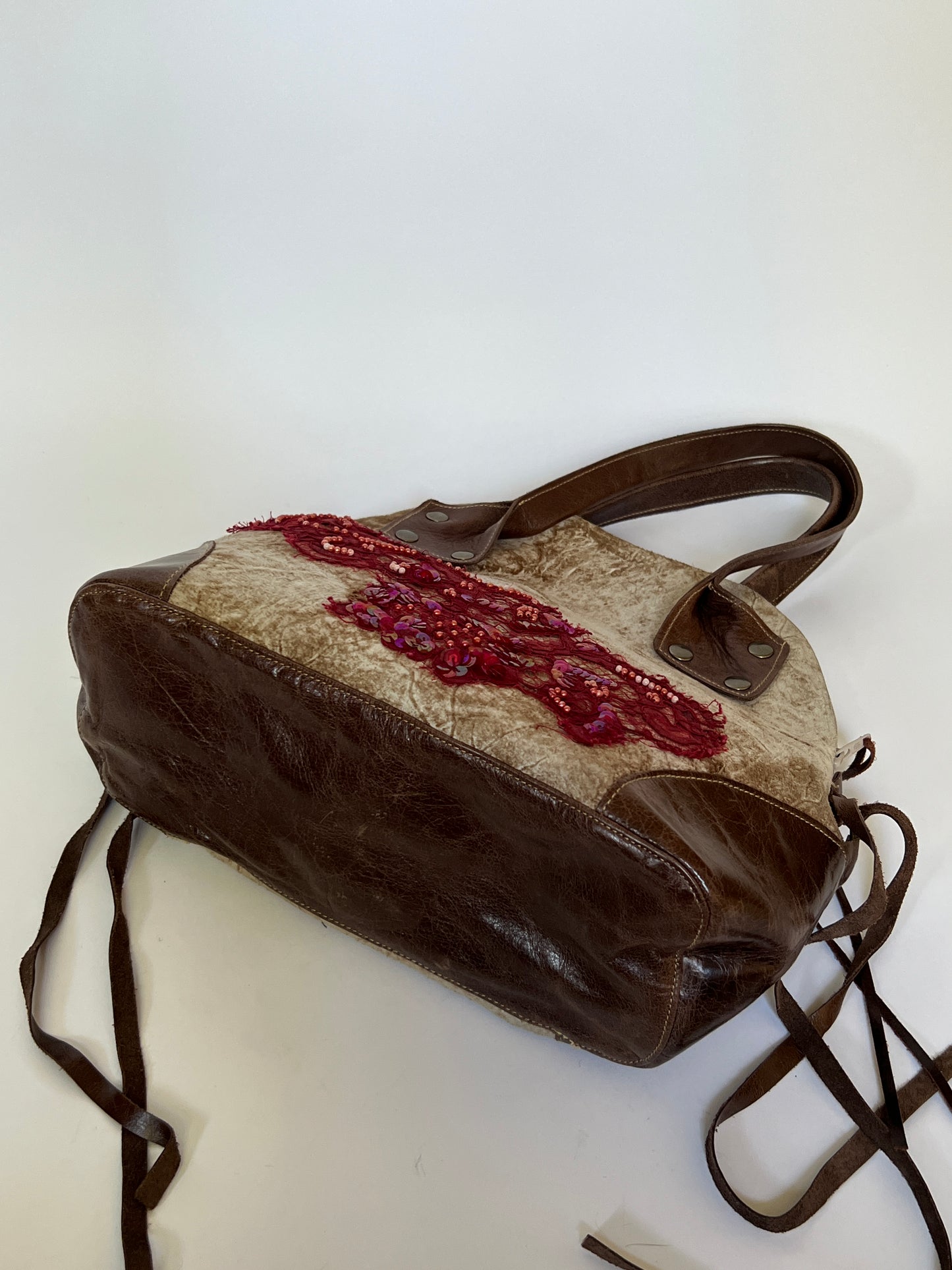 French Beaded Lace Appliqué & Leather Bag