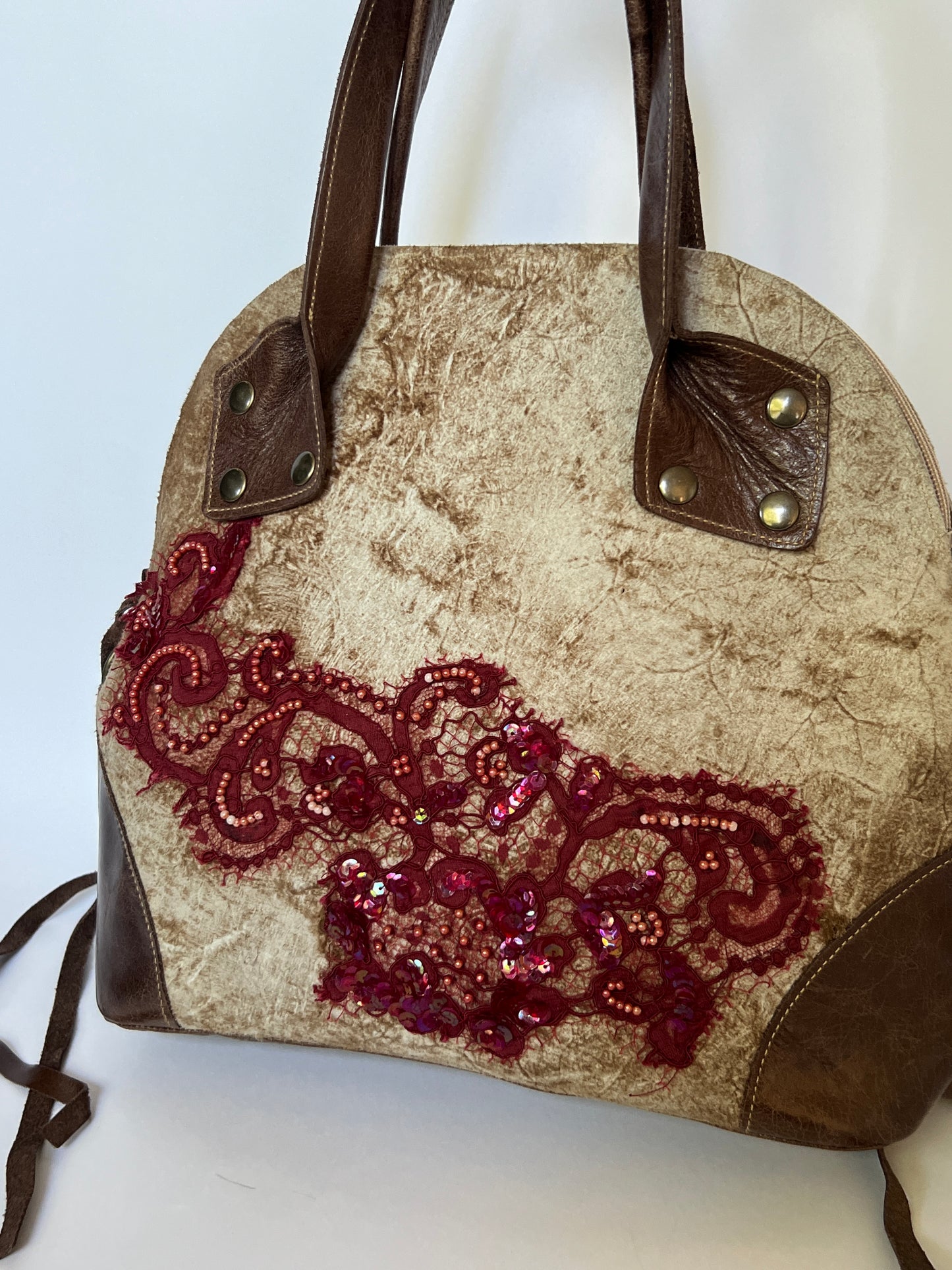 French Beaded Lace Appliqué & Leather Bag