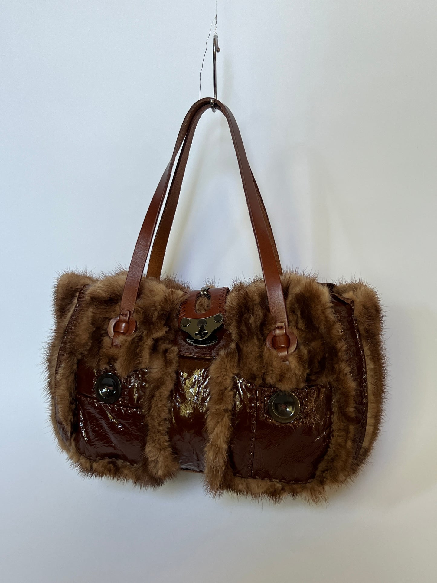 Patent Leather & Fur Shoulder Bag