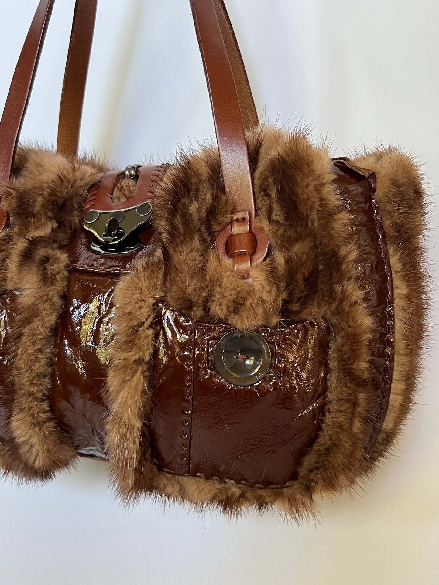 Patent Leather & Fur Shoulder Bag