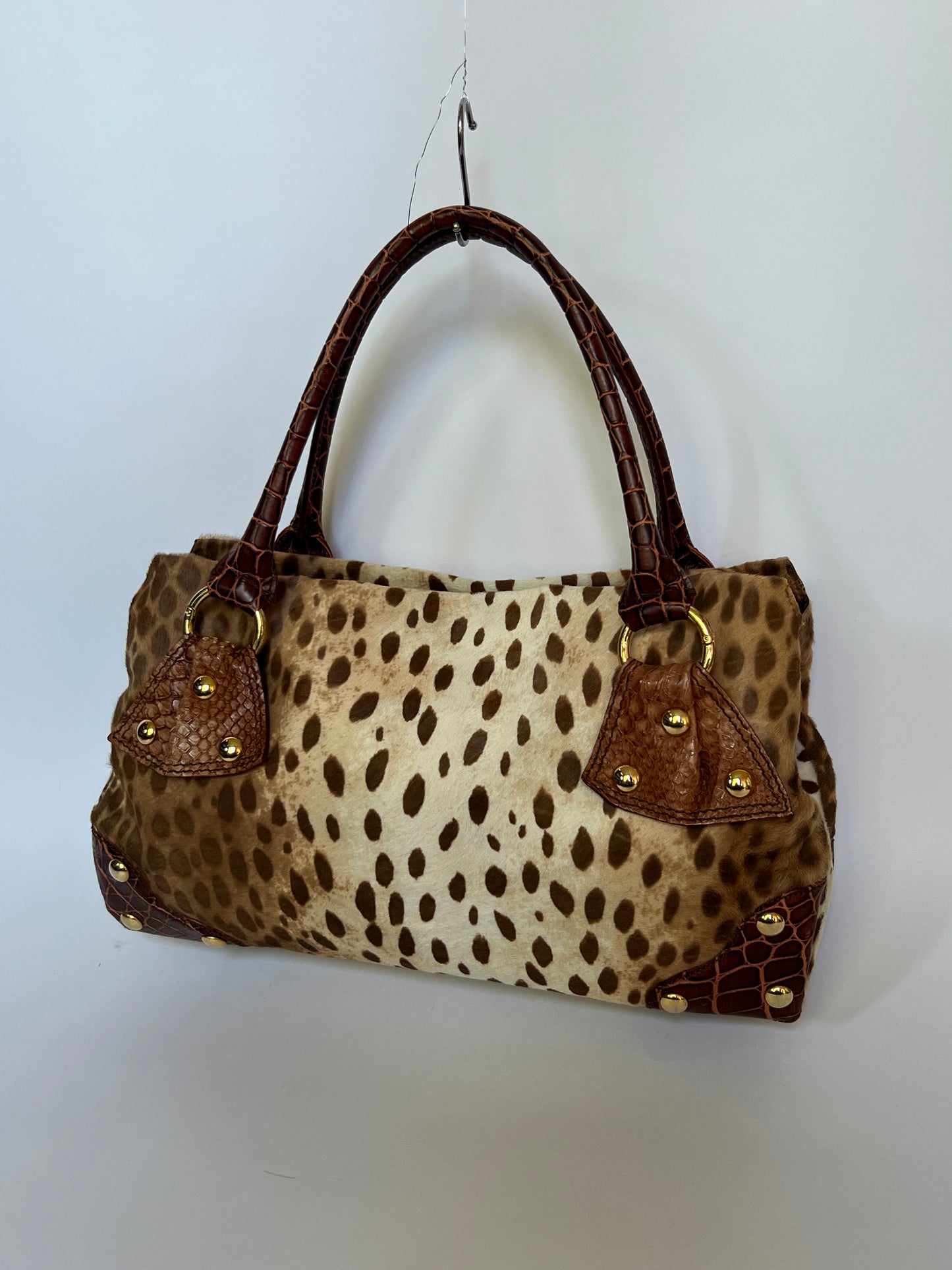 Italian Pony Hair & Croc Embossed Leather Shoulder Bag