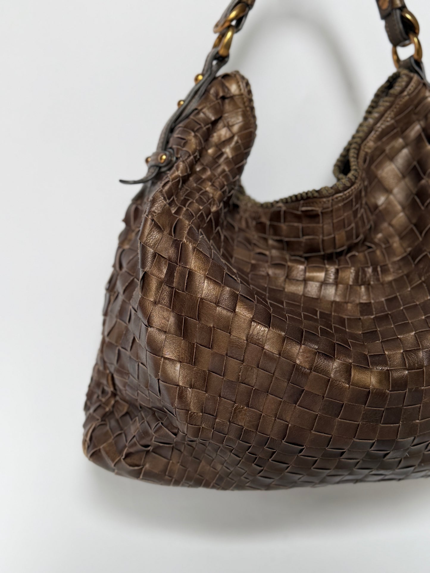 Epoca Brown Woven Leather Semi-Shoulder Bag