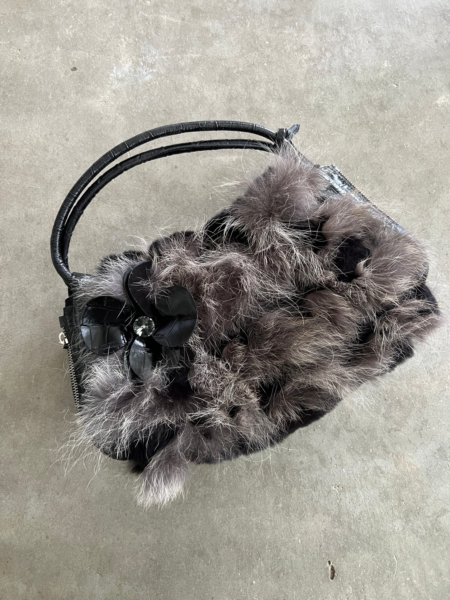 Fur & Croc-Embossed Leather Flower Bag