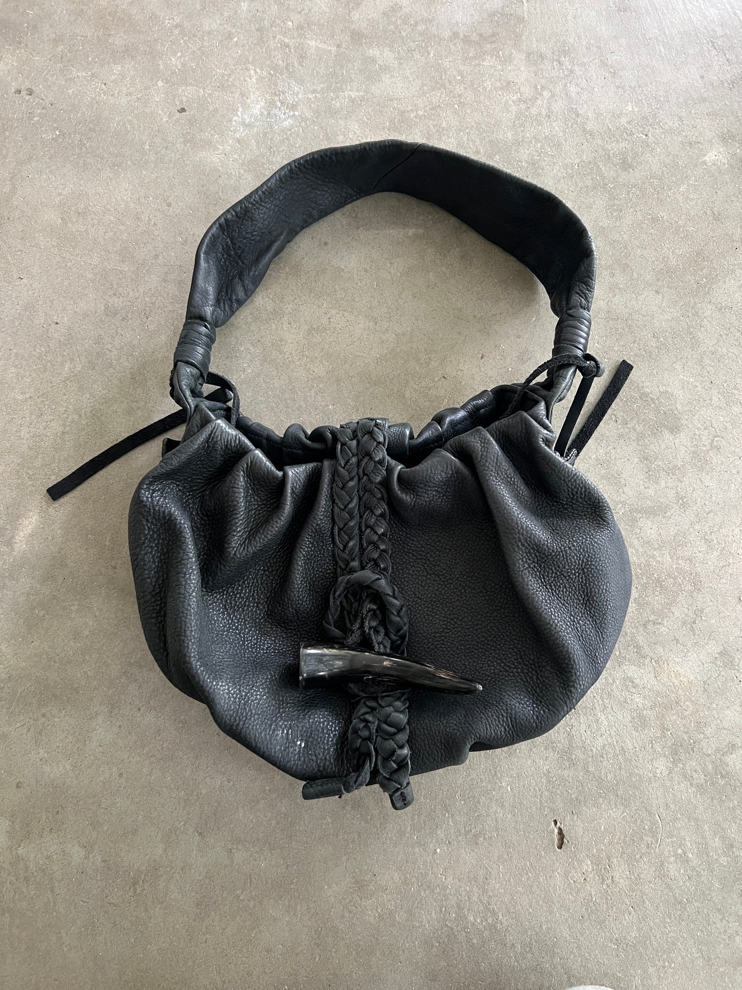 Black Leather Shoulder Bag — Horn Detail