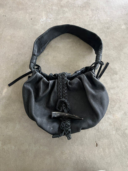 Black Leather Shoulder Bag — Horn Detail