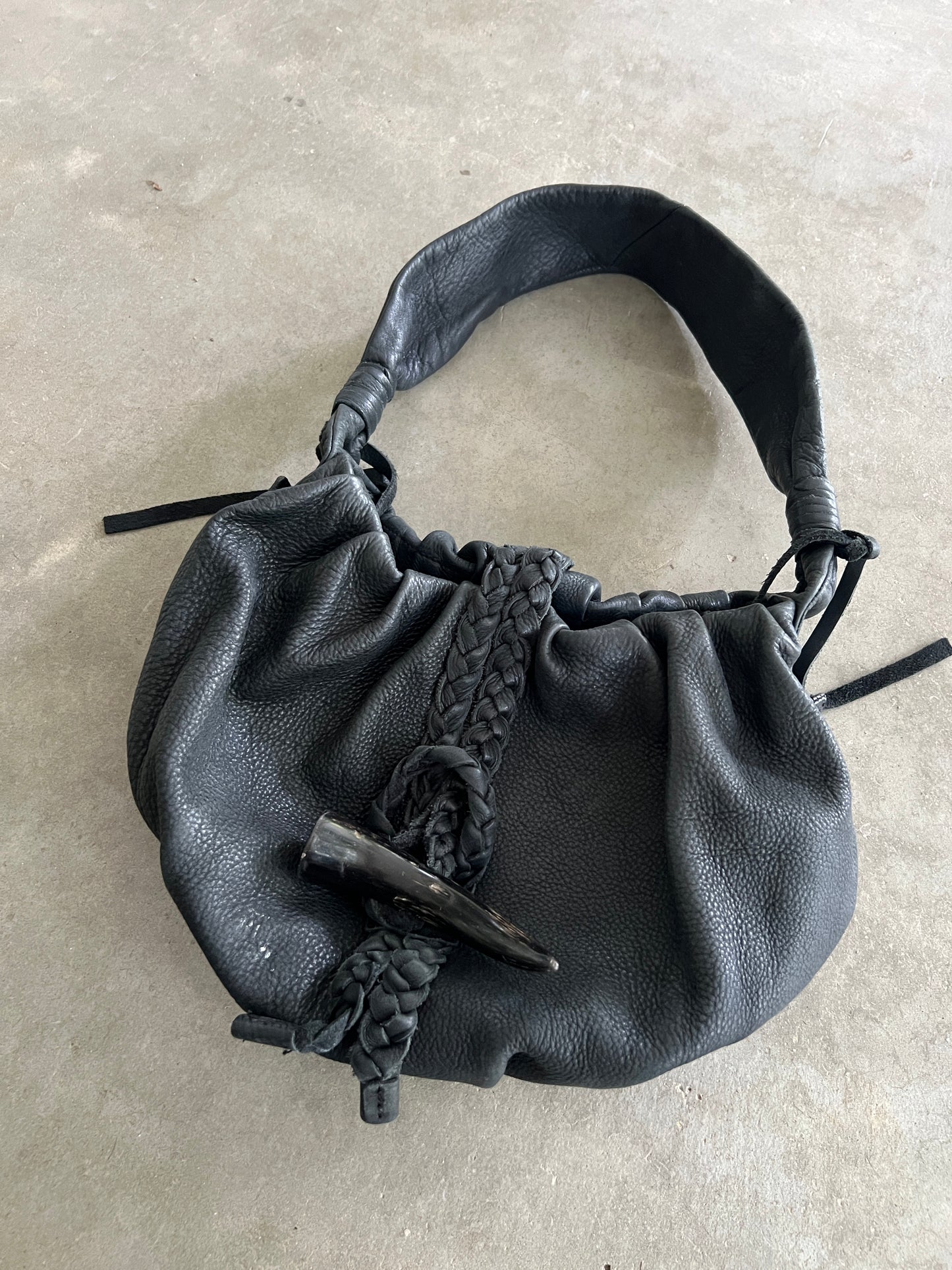 Black Leather Shoulder Bag — Horn Detail