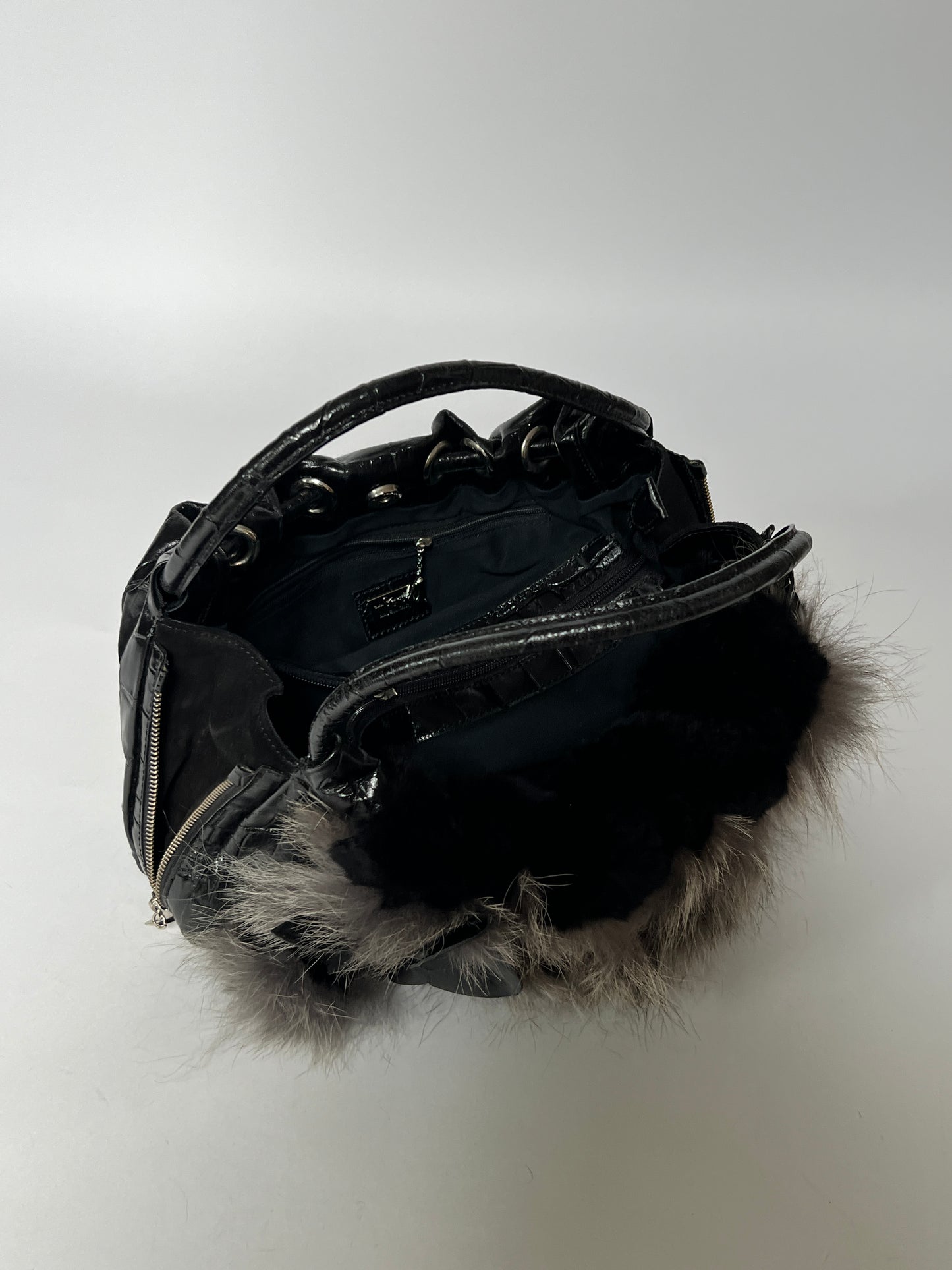 Fur & Croc-Embossed Leather Flower Bag