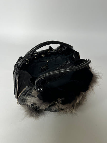 Fur & Croc-Embossed Leather Flower Bag