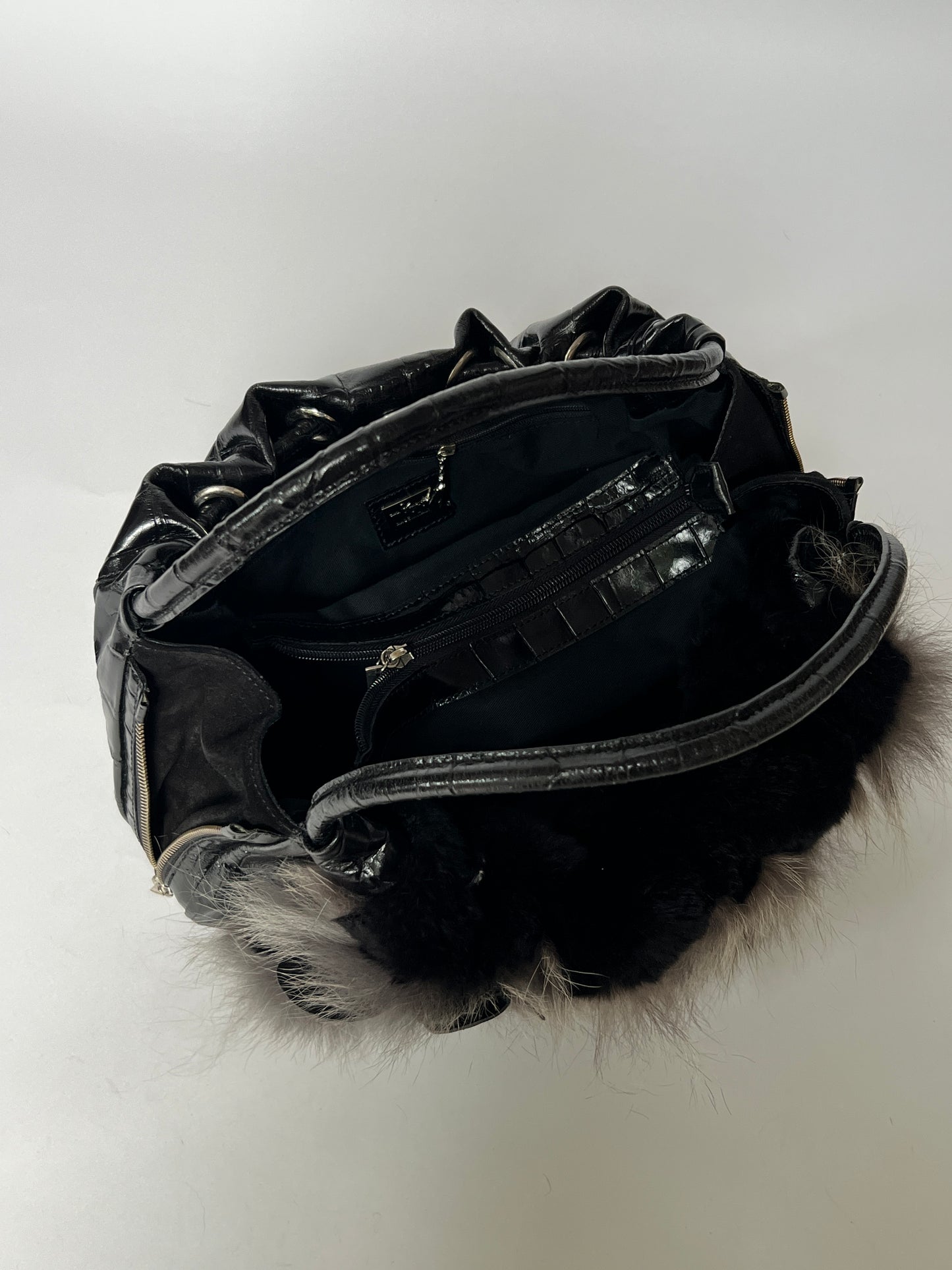 Fur & Croc-Embossed Leather Flower Bag