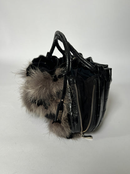 Fur & Croc-Embossed Leather Flower Bag