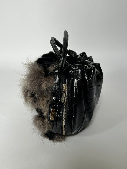 Fur & Croc-Embossed Leather Flower Bag