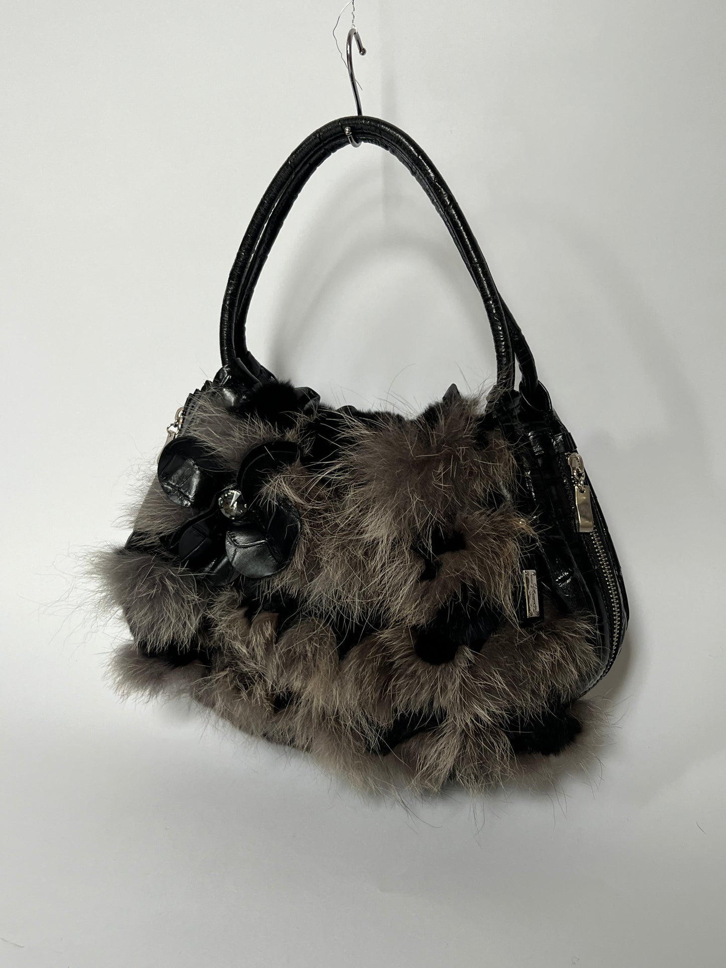 Fur & Croc-Embossed Leather Flower Bag