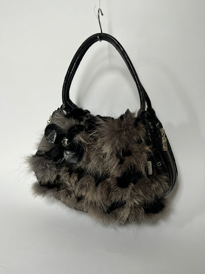 Fur & Croc-Embossed Leather Flower Bag