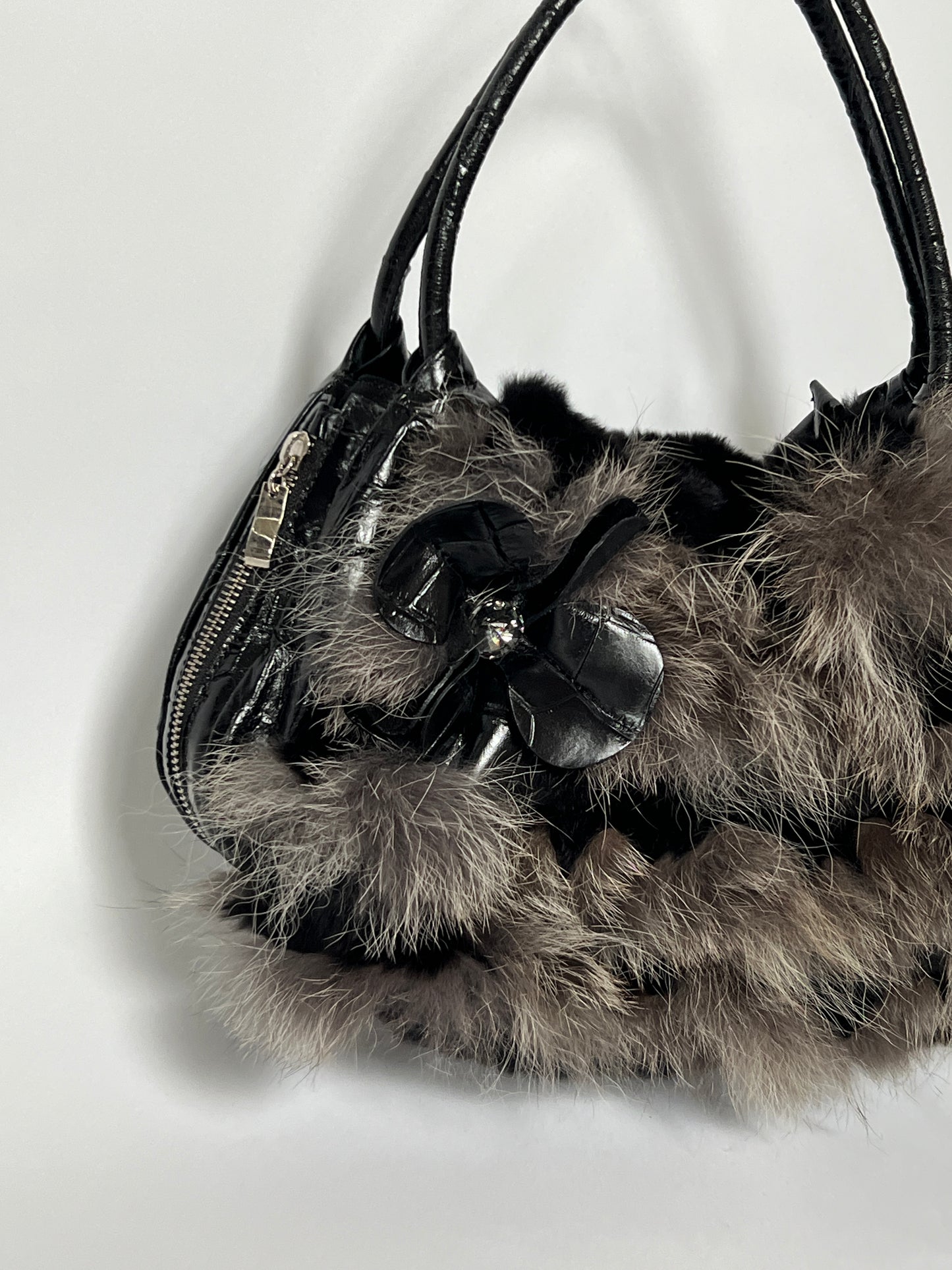 Fur & Croc-Embossed Leather Flower Bag