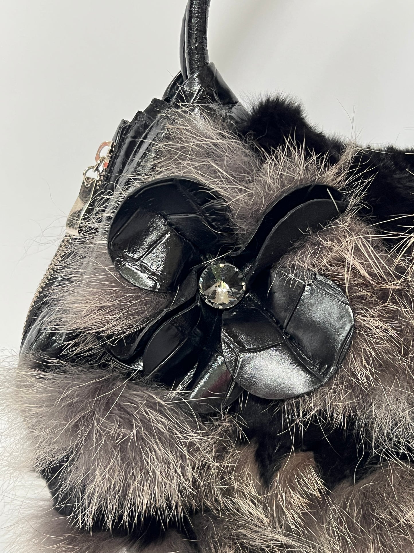 Fur & Croc-Embossed Leather Flower Bag