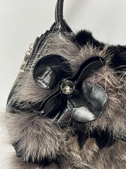 Fur & Croc-Embossed Leather Flower Bag