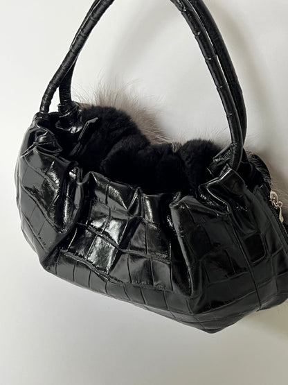 Fur & Croc-Embossed Leather Flower Bag