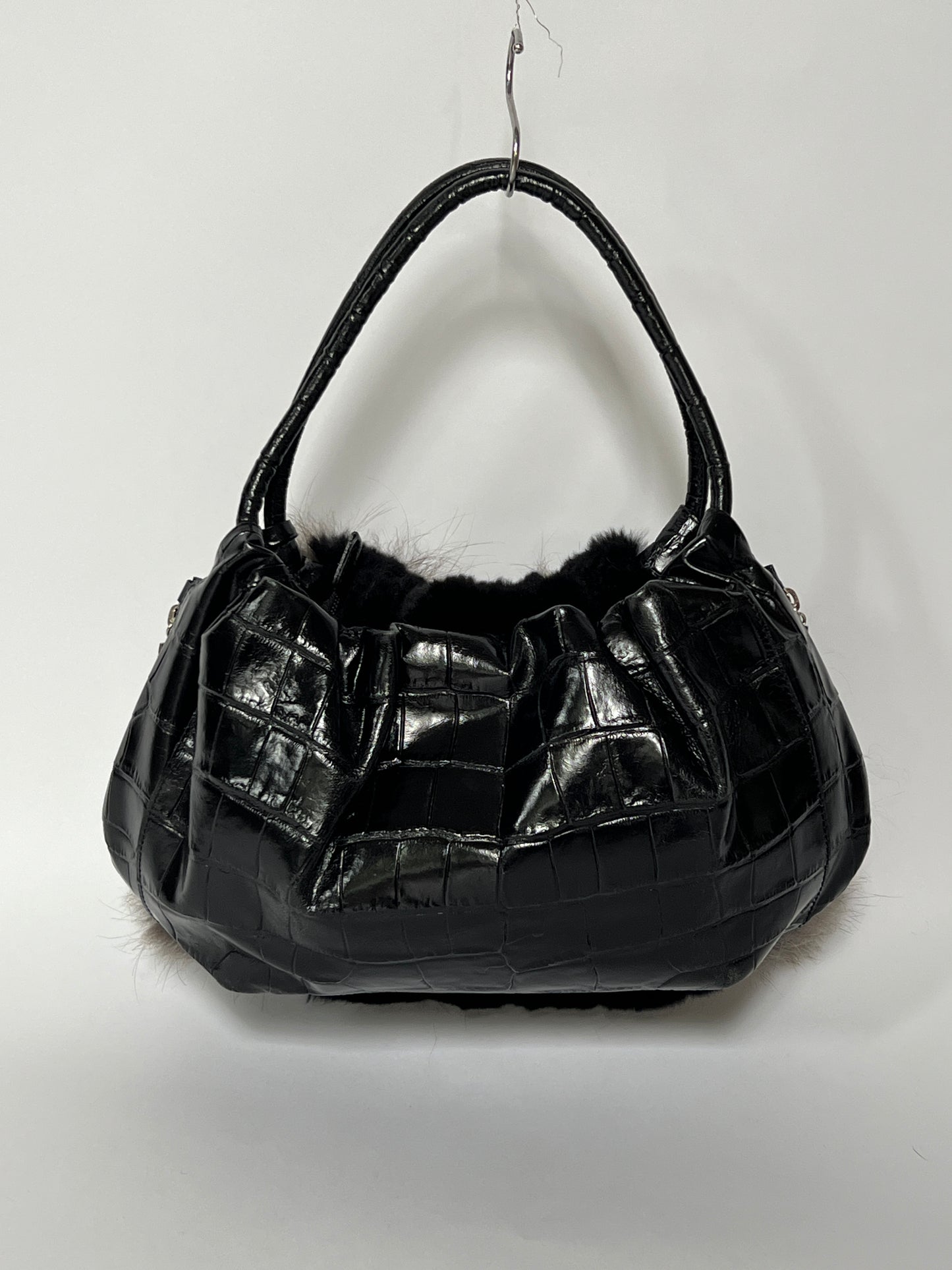 Fur & Croc-Embossed Leather Flower Bag