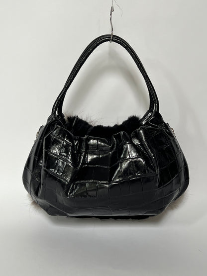 Fur & Croc-Embossed Leather Flower Bag