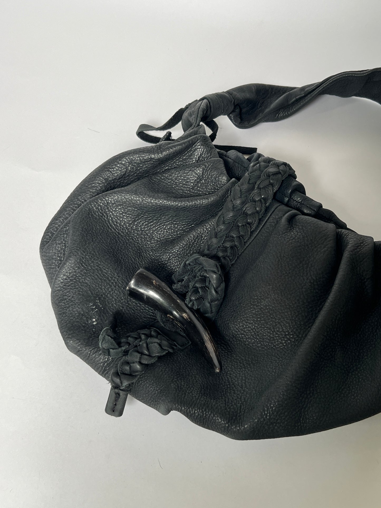 Black Leather Shoulder Bag — Horn Detail