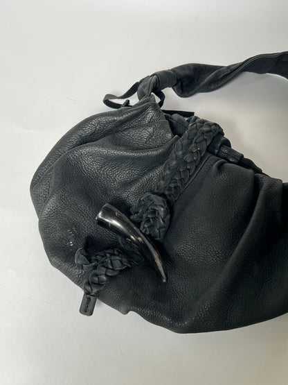 Black Leather Shoulder Bag — Horn Detail