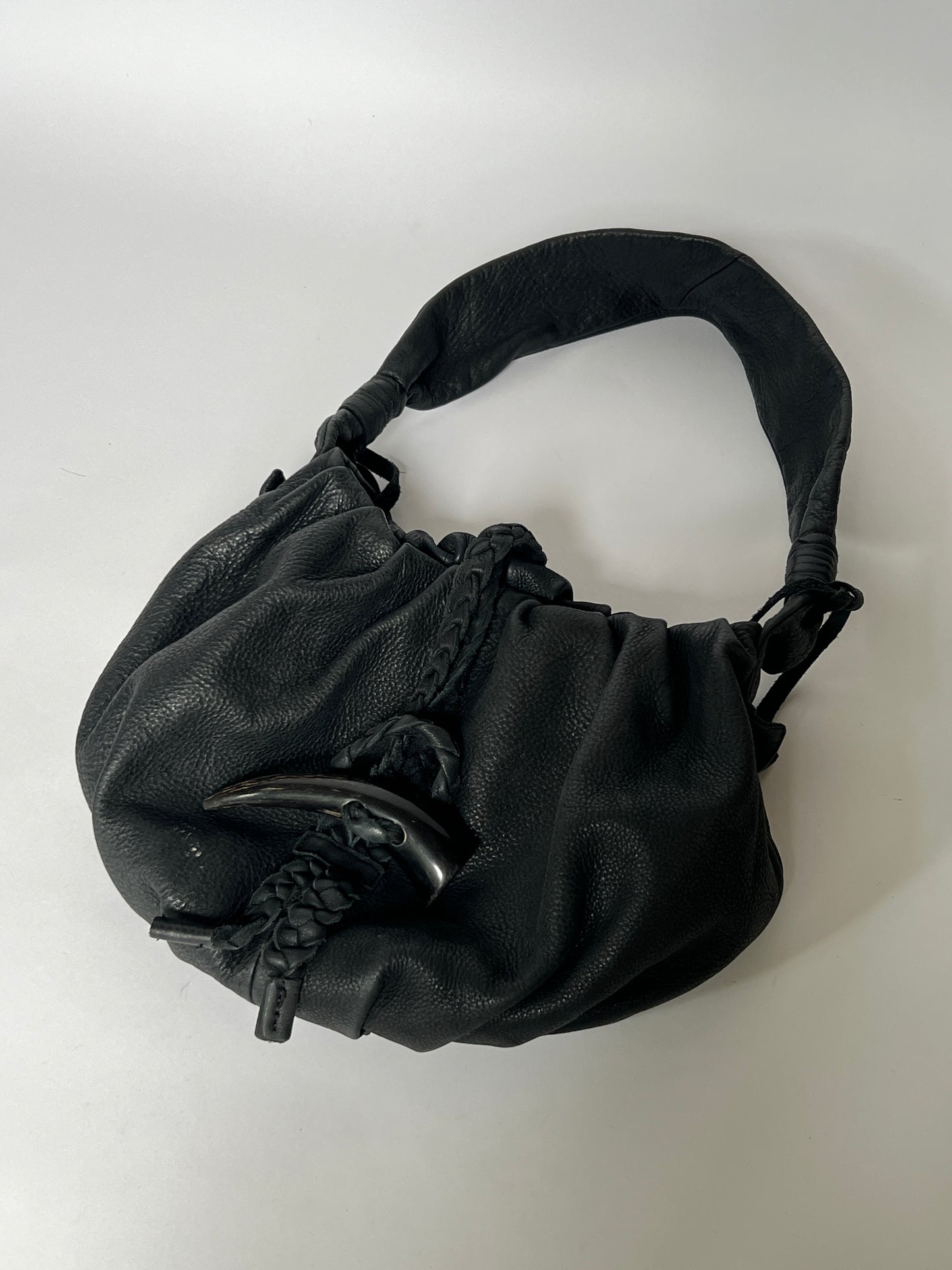 Black Leather Shoulder Bag — Horn Detail