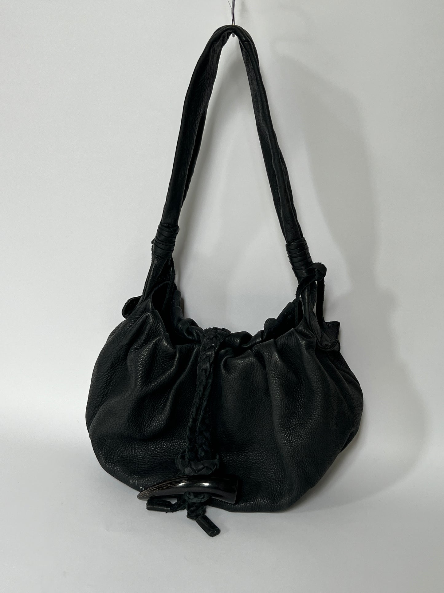 Black Leather Shoulder Bag — Horn Detail