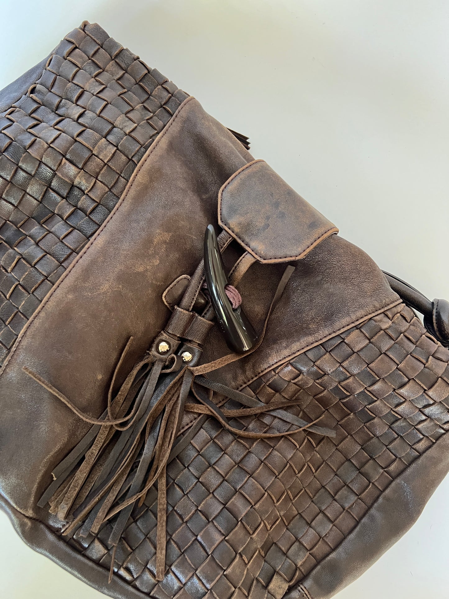 Boho Woven Leather Tassel Horn Bag
