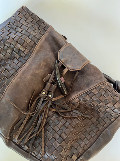 Boho Woven Leather Tassel Horn Bag