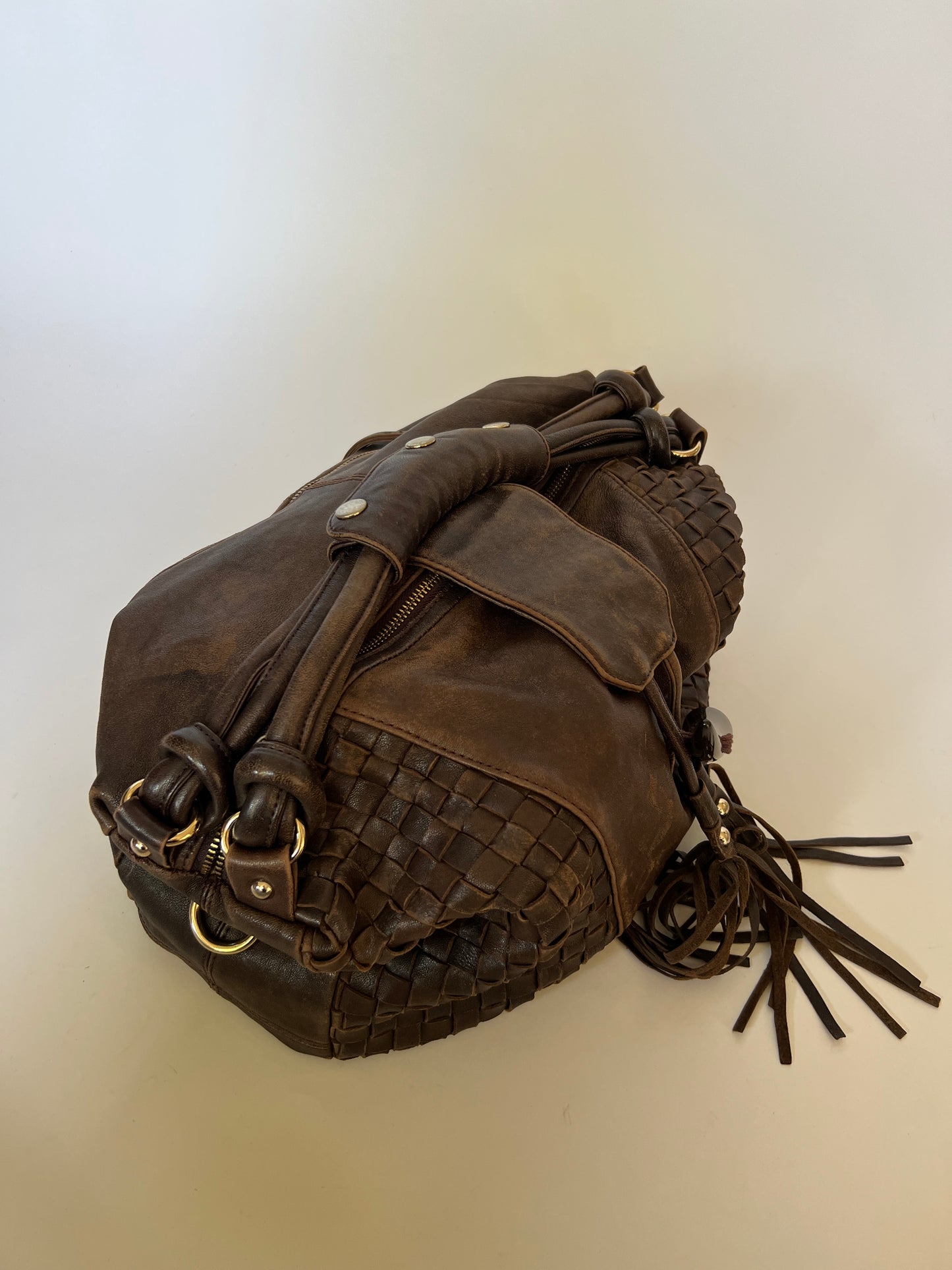 Boho Woven Leather Tassel Horn Bag