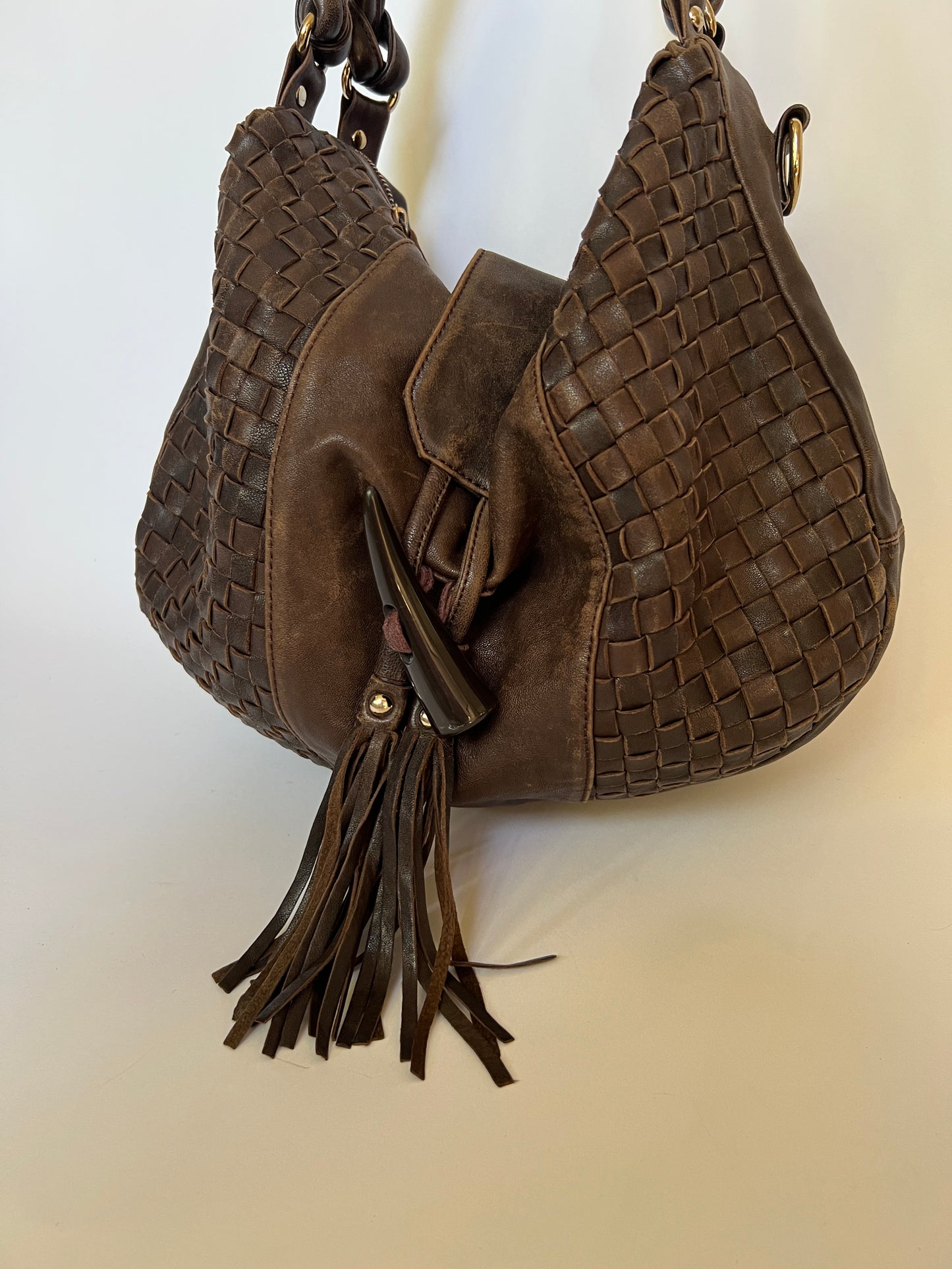 Boho Woven Leather Tassel Horn Bag
